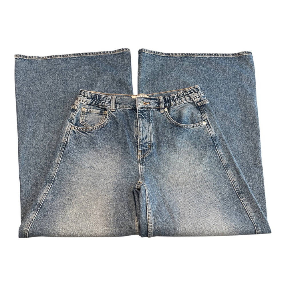 Free People Jeans Blue Denim Extra Wide Leg Flared Button Fly We The Free Sz 25
